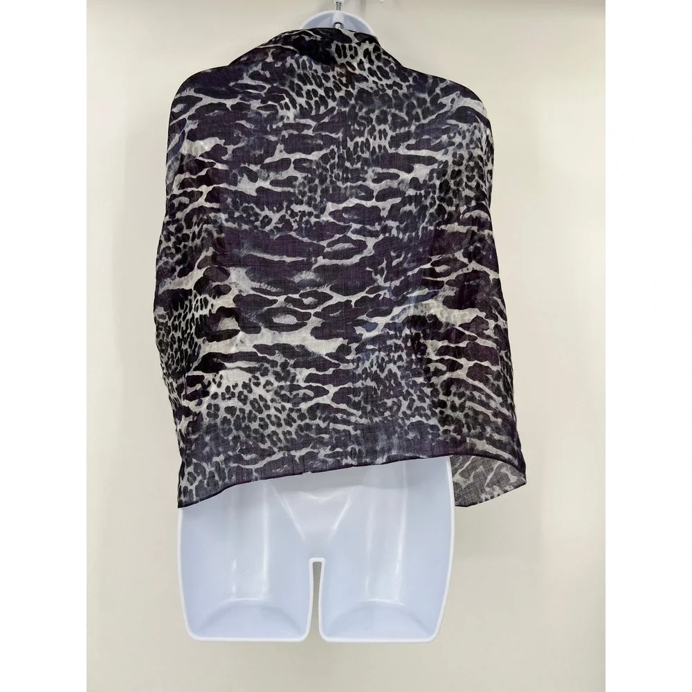 Chico's Purple Black Leopard Animal Print Lightweight Fringe Scarf Wrap